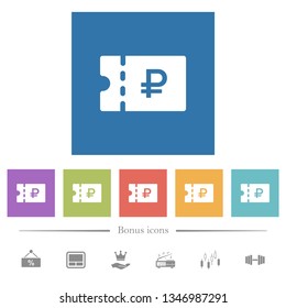Russian Ruble discount coupon flat white icons in square backgrounds. 6 bonus icons included.
