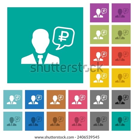 Russian Ruble financial advisor multi colored flat icons on plain square backgrounds. Included white and darker icon variations for hover or active effects.
