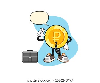 Russian ruble gold coin businessman with speech bubble cartoon. Mascot Character vector.