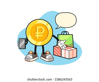 Russian ruble gold coin online shopping with speech bubble cartoon. Mascot Character vector.