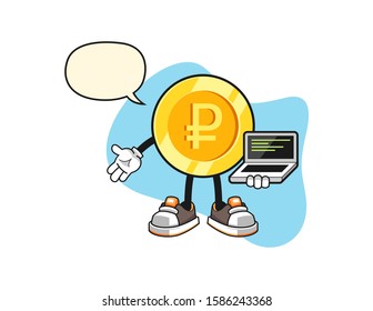 Russian ruble gold coin programmer with speech bubble cartoon. Mascot Character vector.