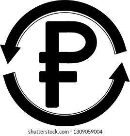 Russian Ruble icon in round circle broken with arrows to denote money circulation or distribution.