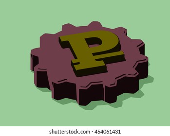 Russian ruble image gear on a green background, isometrics.