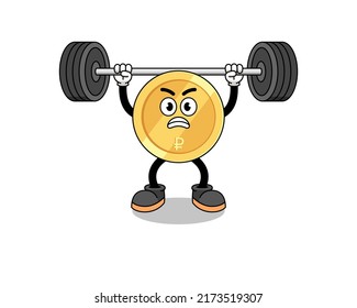 russian ruble mascot cartoon lifting a barbell , character design