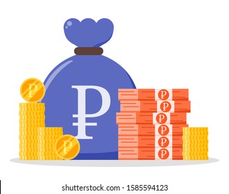 Russian Ruble money bundle and coin stack sack bag vector icon logo and design. Russia, Abkhazia, and South Ossetia currency business, payment and finance element. Can be used for digital and print.