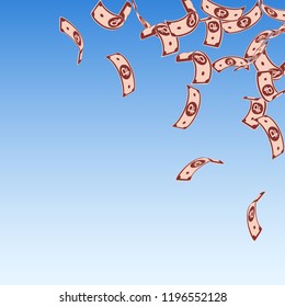 Russian ruble notes falling. Floating RUB bills on blue sky background. Russia money. Bold vector illustration. Delicate jackpot, wealth or success concept.