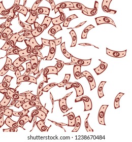 Russian ruble notes falling. Floating RUB bills on white background. Russia money. Bewitching vector illustration. Mesmeric jackpot, wealth or success concept.