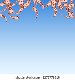 Russian ruble notes falling. Floating RUB bills on blue sky background. Russia money. Beautiful vector illustration. Posh jackpot, wealth or success concept.