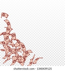 Russian ruble notes falling. Floating RUB bills on transparent background. Russia money. Bewitching vector illustration. Comely jackpot, wealth or success concept.