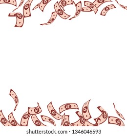 Russian ruble notes falling. Floating RUB bills on white background. Russia money. Beautiful vector illustration. Wonderful jackpot, wealth or success concept.