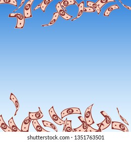 Russian ruble notes falling. Floating RUB bills on blue sky background. Russia money. Beautiful vector illustration. Valuable jackpot, wealth or success concept.