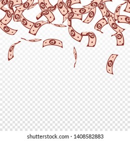 Russian ruble notes falling. Floating RUB bills on transparent background. Russia money. Bizarre vector illustration. Posh jackpot, wealth or success concept.