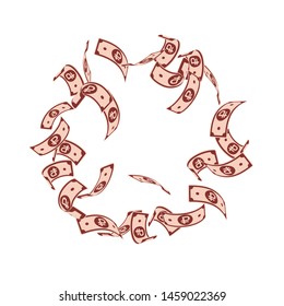 Russian ruble notes falling. Floating RUB bills on white background. Russia money. Bizarre vector illustration. Cool jackpot, wealth or success concept.