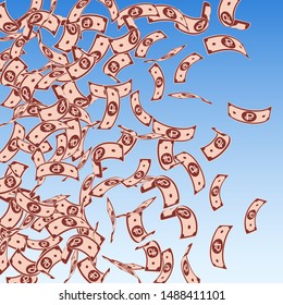 Russian ruble notes falling. Floating RUB bills on blue sky background. Russia money. Bewitching vector illustration. Marvelous jackpot, wealth or success concept.