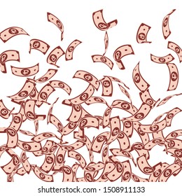 Russian ruble notes falling. Floating RUB bills on white background. Russia money. Bewitching vector illustration. Astonishing jackpot, wealth or success concept.