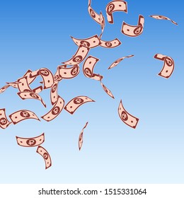 Russian ruble notes falling. Floating RUB bills on blue sky background. Russia money. Bewitching vector illustration. Shapely jackpot, wealth or success concept.