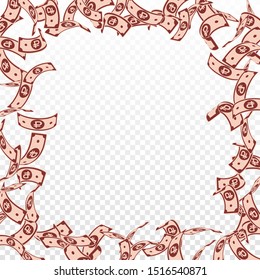 Russian ruble notes falling. Floating RUB bills on transparent background. Russia money. Bewitching vector illustration. Fair jackpot, wealth or success concept.