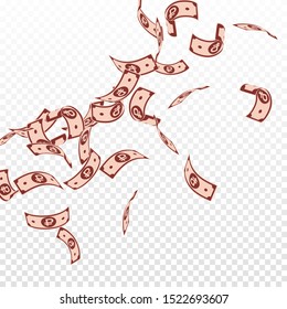 Russian ruble notes falling. Floating RUB bills on transparent background. Russia money. Bewitching vector illustration. Sightly jackpot, wealth or success concept.