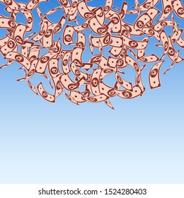 Russian ruble notes falling. Floating RUB bills on blue sky background. Russia money. Bold vector illustration. Splendid jackpot, wealth or success concept.