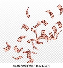 Russian ruble notes falling. Floating RUB bills on transparent background. Russia money. Bewitching vector illustration. Valuable jackpot, wealth or success concept.