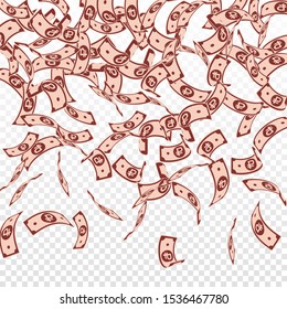 Russian ruble notes falling. Floating RUB bills on transparent background. Russia money. Bold vector illustration. Fetching jackpot, wealth or success concept.