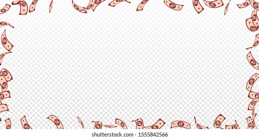 Russian ruble notes falling. Floating RUB bills on transparent background. Russia money. Breathtaking vector illustration. Cool jackpot, wealth or success concept.