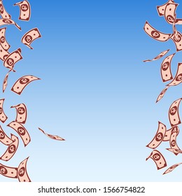 Russian ruble notes falling. Floating RUB bills on blue sky background. Russia money. Bewitching vector illustration. Popular jackpot, wealth or success concept.