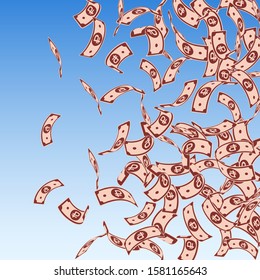 Russian ruble notes falling. Floating RUB bills on blue sky background. Russia money. Bizarre vector illustration. Appealing jackpot, wealth or success concept.