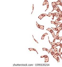 Russian ruble notes falling. Floating RUB bills on white background. Russia money. Bizarre vector illustration. Neat jackpot, wealth or success concept.