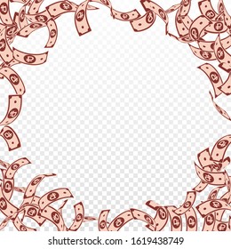 Russian ruble notes falling. Floating RUB bills on transparent background. Russia money. Bewitching vector illustration. Ideal jackpot, wealth or success concept.