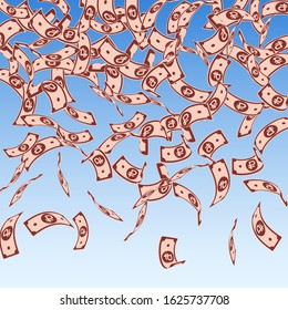 Russian ruble notes falling. Floating RUB bills on blue sky background. Russia money. Bold vector illustration. Favorable jackpot, wealth or success concept.