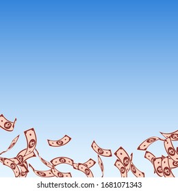 Russian ruble notes falling. Floating RUB bills on blue sky background. Russia money. Beautiful vector illustration. Exceptional jackpot, wealth or success concept.