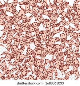 Russian ruble notes falling. Floating RUB bills on transparent background. Russia money. Bold vector illustration. Alluring jackpot, wealth or success concept.