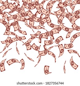 Russian ruble notes falling. Floating RUB bills on white background. Russia money. Bold vector illustration. Fine jackpot, wealth or success concept.