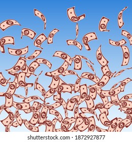 Russian ruble notes falling. Floating RUB bills on blue sky background. Russia money. Bewitching vector illustration. Appealing jackpot, wealth or success concept.