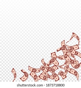 Russian ruble notes falling. Floating RUB bills on transparent background. Russia money. Bewitching vector illustration. Elegant jackpot, wealth or success concept.