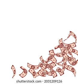 Russian ruble notes falling. Floating RUB bills on white background. Russia money. Bewitching vector illustration. Eminent jackpot, wealth or success concept.