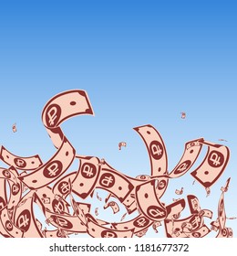 Russian ruble notes falling. Messy RUB bills on blue sky background. Russia money. Bizarre vector illustration. Gorgeous jackpot, wealth or success concept.