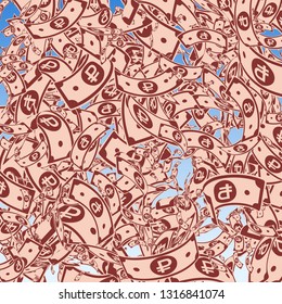 Russian ruble notes falling. Messy RUB bills on blue sky background. Russia money. Bold vector illustration. Amusing jackpot, wealth or success concept.
