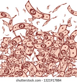 Russian ruble notes falling. Messy RUB bills on white background. Russia money. Bewitching vector illustration. Awesome jackpot, wealth or success concept.