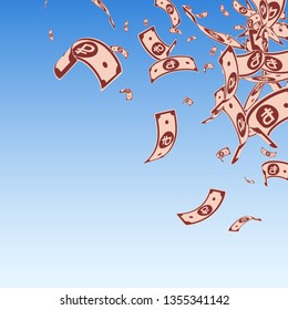 Russian ruble notes falling. Messy RUB bills on blue sky background. Russia money. Bold vector illustration. Dramatic jackpot, wealth or success concept.