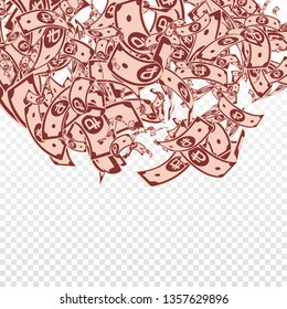 Russian ruble notes falling. Messy RUB bills on transparent background. Russia money. Bold vector illustration. Superb jackpot, wealth or success concept.