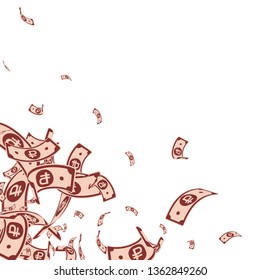 Russian ruble notes falling. Messy RUB bills on white background. Russia money. Bizarre vector illustration. Sublime jackpot, wealth or success concept.