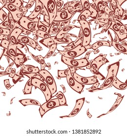 Russian ruble notes falling. Messy RUB bills on white background. Russia money. Bold vector illustration. Glamorous jackpot, wealth or success concept.