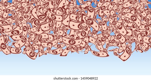 Russian ruble notes falling. Messy RUB bills on blue sky background. Russia money. Breathtaking vector illustration. Delightful jackpot, wealth or success concept.