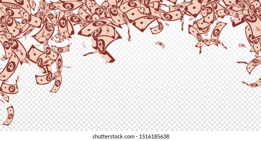 Russian ruble notes falling. Messy RUB bills on transparent background. Russia money. Breathtaking vector illustration. Awesome jackpot, wealth or success concept.