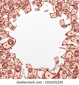 Russian ruble notes falling. Messy RUB bills on transparent background. Russia money. Bizarre vector illustration. Elegant jackpot, wealth or success concept.