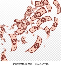 Russian ruble notes falling. Messy RUB bills on transparent background. Russia money. Bewitching vector illustration. Stylish jackpot, wealth or success concept.