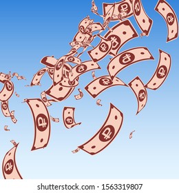 Russian ruble notes falling. Messy RUB bills on blue sky background. Russia money. Bewitching vector illustration. Stunning jackpot, wealth or success concept.