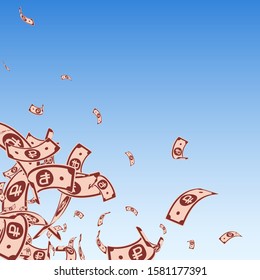 Russian ruble notes falling. Messy RUB bills on blue sky background. Russia money. Bizarre vector illustration. Stunning jackpot, wealth or success concept.